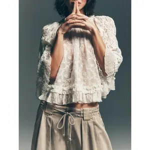 Women's Lace Floral Ruffled Hem Mock Neck Poncho Tops Flared Half Sleeve Frill Blouse Bell Sleeve Sheer Mesh See Through Loose A-line Shirts Flowy Shawl Capes Party Clubwear