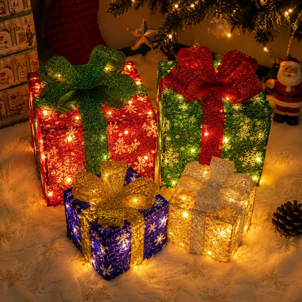 Set of 4 Christmas Lighted Gift Boxes – 62 LED Present Box Decorations with Bows and Pine Cones for Indoor Outdoor Holiday Decor