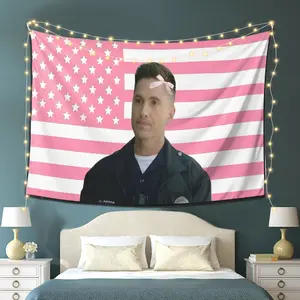 Tim Bradford's American Flag Tapestry - a patriotic wall decoration featuring the Stars and Stripes pattern, made of 100% polyester with a light beige peach-colored fabric, perfect for horizontal display in bedrooms, living rooms, and offices