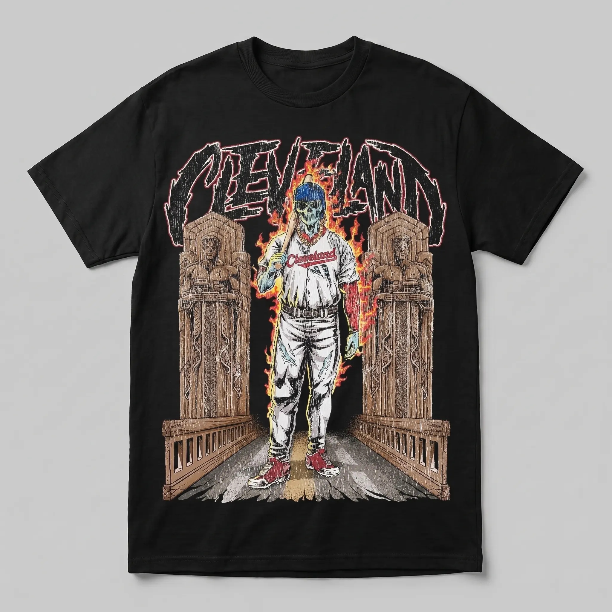 [Sale Up To 50%] Fire Skeleton Cleveland Baseball T-Shirt, Mascot Baseball Shirt, Cleveland Baseball Game Day Graphic Tee, Guardians Baseball Fan Streetwear