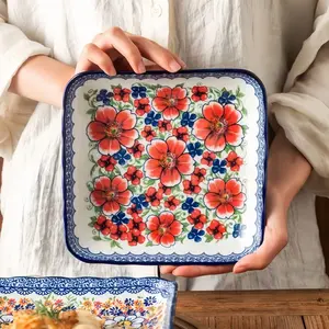 2pcs Square Plate Set, Floral Pattern Steak Plates, Dinner Plates, Fruit Bowl, Salad Plate, Kitchen & Restaurant Utensils, Dishwasher Microwave Safe