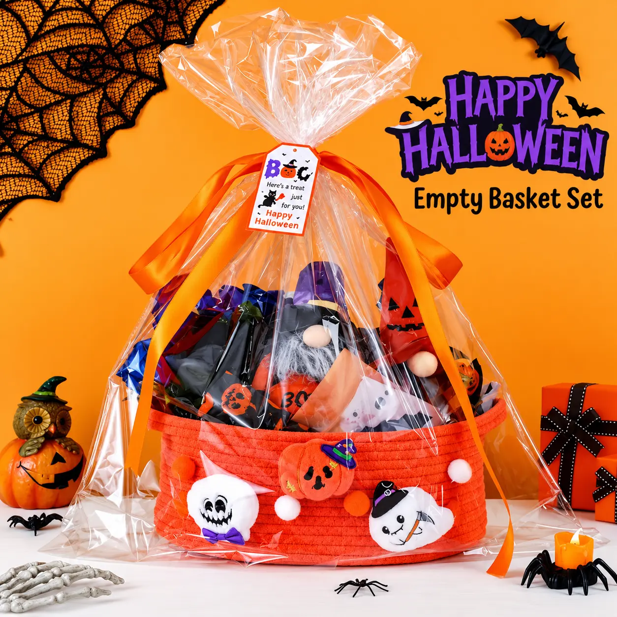 Halloween Empty Gift Basket Set with Clear Cellophane Bags, Orange Gift Basket, Ribbon Bows, Cute Gift Tags for DIY Treat Baskets, Trick or Treat, Halloween Party Favors & Holiday Gift Wrapping