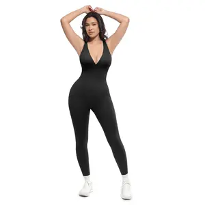 Shapellx Deep V Ribbed Fabric Shapewear Jumpsuit with Waist Control