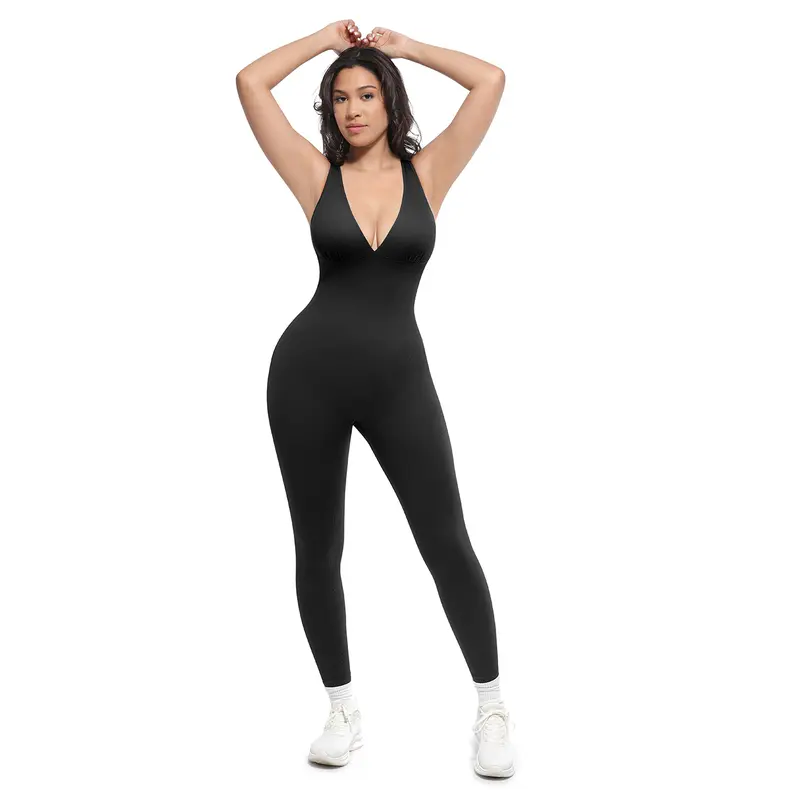 Shapellx Deep V Ribbed Fabric Shapewear Jumpsuit with Waist Control