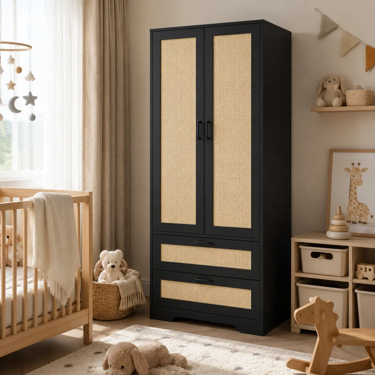 64 in Modern Armoire Wardrobe Wooden Freestanding Wardrobe Closet Armoire, 2 Rattan Doors, Multi Functional Organizer for Living Rooms & Bedrooms, Extra Large Storage Cabinet