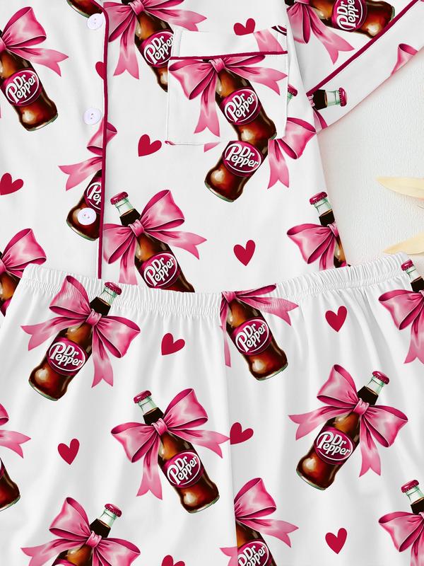 Teen Dr Pepper Collar Short Sleeve Pajama Set, Comfortable Sleepwear, All-Season Loose Fit, Animal Pattern, Perfect Gift