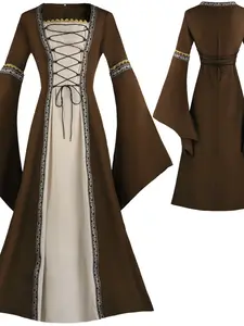 Women's Medieval Style Long Dress, Bell Sleeve Lace-Up Design, Elegant Floral Embroidery, Perfect for Historical Costumes & Special Occasions