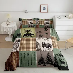 Feelyou Rustic Cabin Bedding Set - Breathable All-Season Patchwork Lodge Comforter with Animal Pattern (Black Bear, Deer) for Bedroom Decor