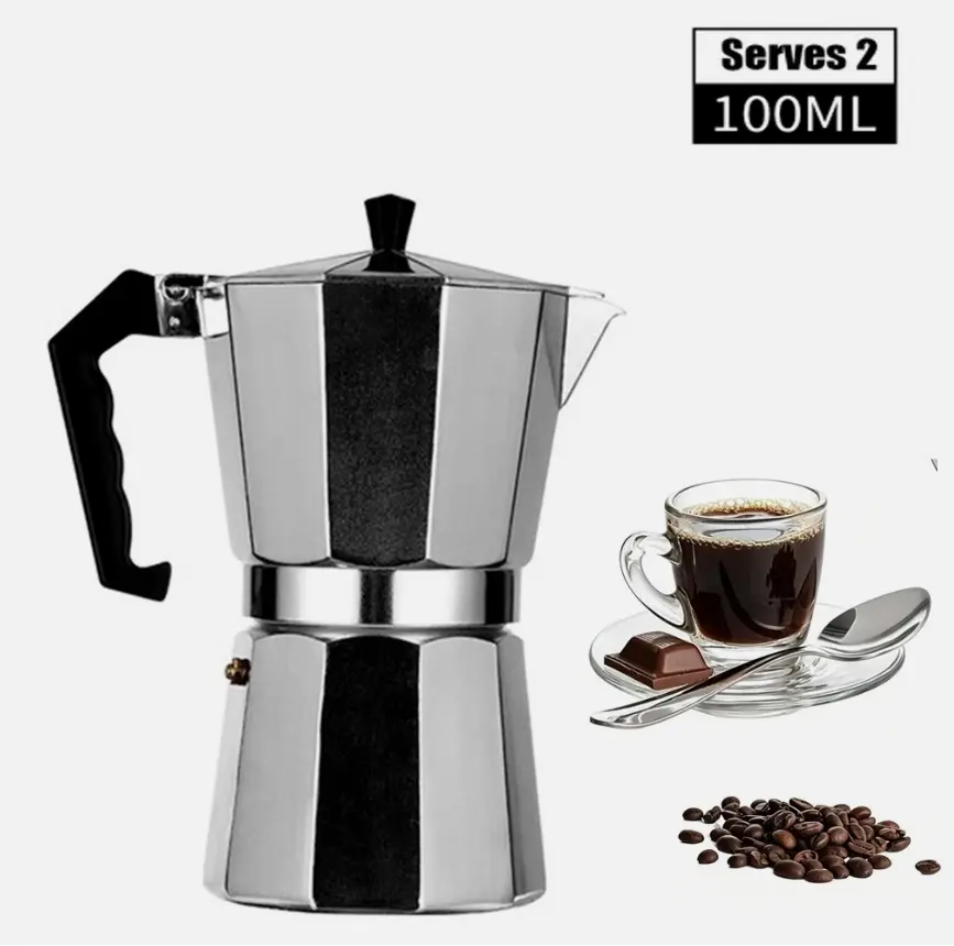 2-Cup Aluminum Stovetop Moka Pot Coffee Maker, Portable Lightweight Kitchenware with Heat-Resistant Cool-Touch Handle, Safety Pressure Valve, Compatible with Gas & Electric Stoves for Home & Camping