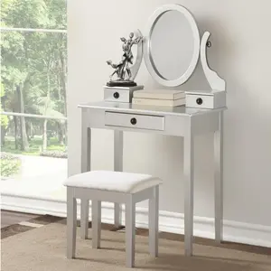 Moniya Makeup Vanity Set! Moniys Wood, Silver. Table + Stool. Bedroom/Vanity Spot. Tidy makeup, modern look.