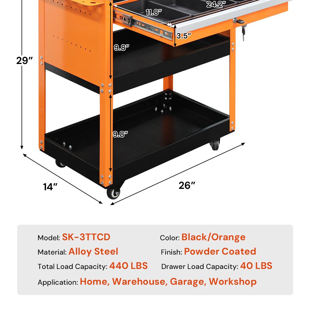 Sekam 330 LBS Capacity 3 Tier Rolling ToolCart -Heavy Duty Utility Organizer withWheels,Storage Drawer, and Industrial-Grade Design