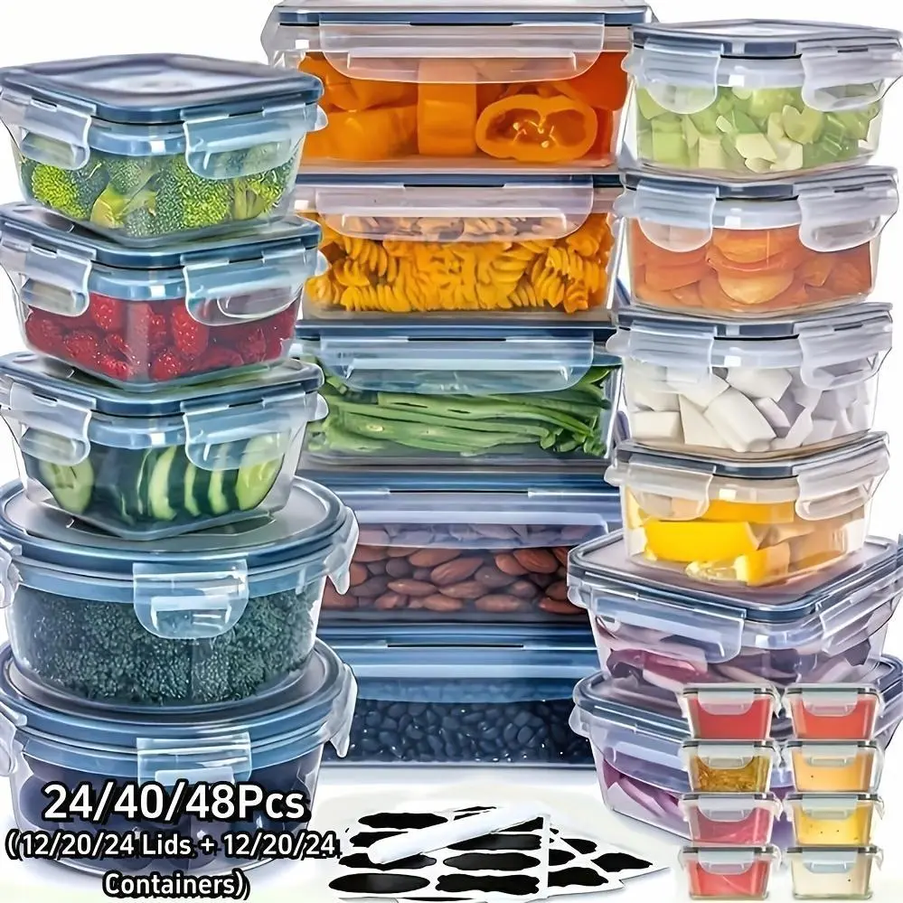 24/40/48pcs Food Storage Container, Fresh-Keeping Boxes, Easy-To-Secure Lids (12/20/24 Lids + 12/20/24 Box)- Airtight Plastic Containers for Food, Suitable for Pantry, Travel, Outdoor Picnics, Kitchen Organization Additions, with Labels Marke