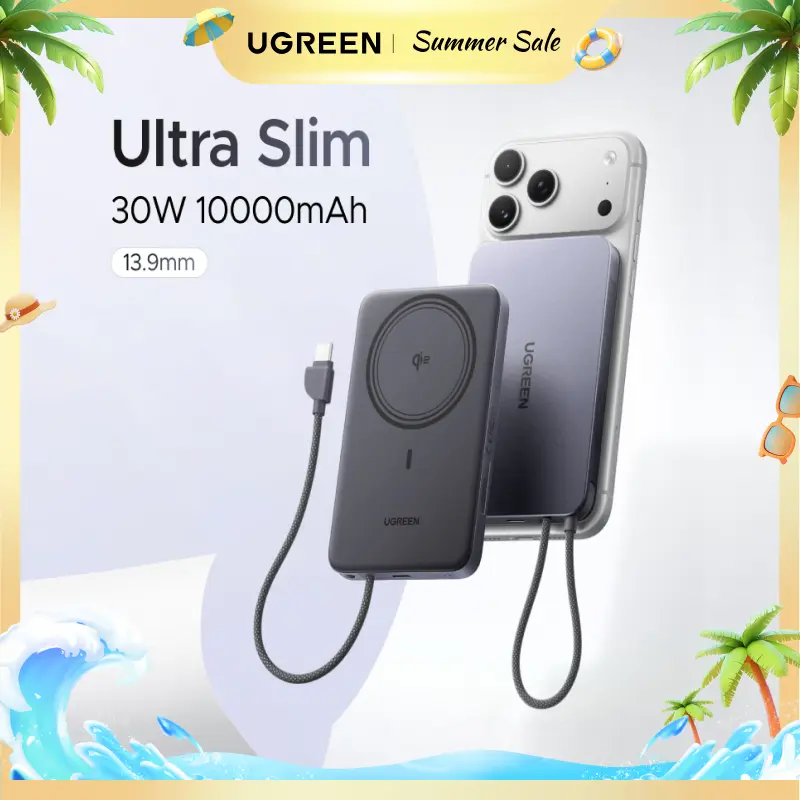 UGREEN Magflow Air Qi2 Magnetic Power Bank 10000mAh, 15W Wireless Portable Charger with Built-in USB-C Cable, 30W Fast Charging Battery Pack,MagSafe Compatible for iPhone 17/16/15/14 Pro Max,Summer Sale