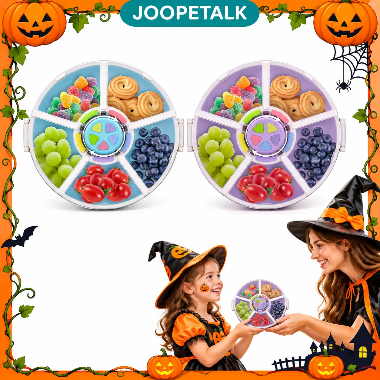 【Black Friday】JOOPETALK Kids Reusable Rotating Snack Container with 5 Separate Compartments, Color Matching Opening Lid, BPA/PVC-Free, Dishwasher Safe, Perfect for Travel, School Lunches & On-the-Go Snacking Tableware