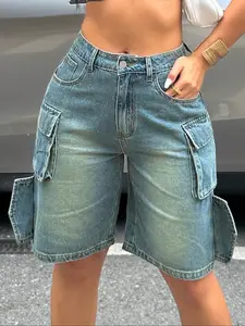 Women's Cargo Denim Button Shorts Y2K Streetwear Multi-Pocket Baggy Jorts Utility Pants