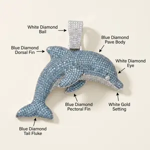 Blue diamond-studded dolphin pendant, exquisite craftsmanship, high-end, niche design, a special and fashionable gift for friends on their birthday, or as a wedding or engagement present, suitable for parties, unisex style