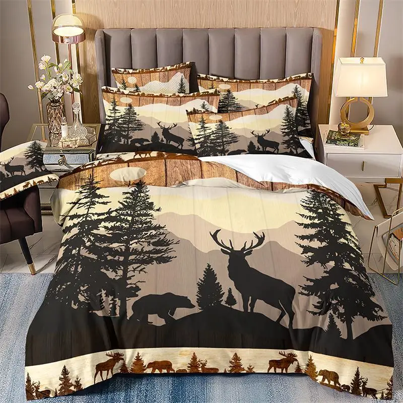 Deer & Bear Print Bedding Set, 3counts/set Including 1 Count Duvet Cover & 2 Counts Pillowcase Without Filler, Bedding Set for Home Bedroom Dormitory