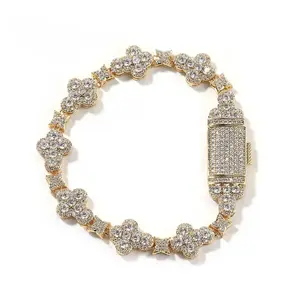 Luxury Gold-Tone Hip Hop Bracelet with Cubic Zirconia Flower & Star Links High-End Streetwear Jewelry for Men & Women Durable Copper Chain with 3D Texture Unisex Handchain