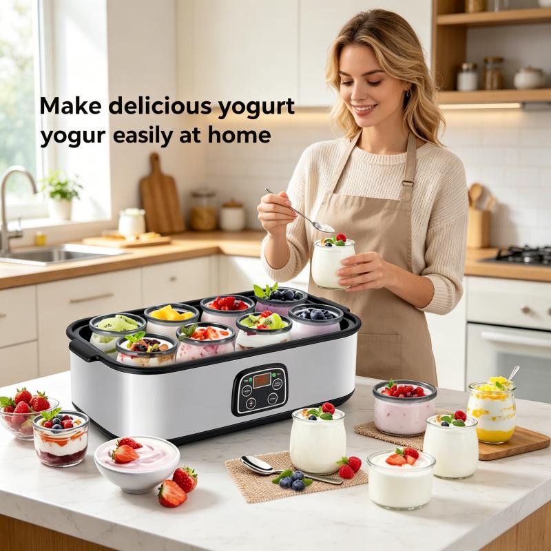 8 cans of fully automatic yogurt machine with adjustable temperature and 48 hour time control for fresh homemade yogurt desserts, LED display screen, multifunctional electric yogurt machine
