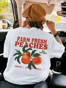 Women's Peach Print Round Neck Graphic Tee, Vintage Trendy Casual Short Sleeve T-shirt for Daily Wear, Ladies All Seasons Outfit, Top