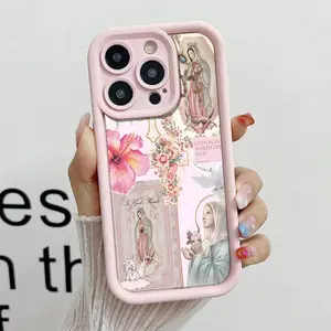 Vintage Floral Cross Religious Pattern Phone Case for iPhone 17 16 15 14 Pro Max 13 12 11 XR XS Plus Air Slim Lightweight Shockproof Protective TPU Cover girl flaunt Advanced Fashion resistant durable gift