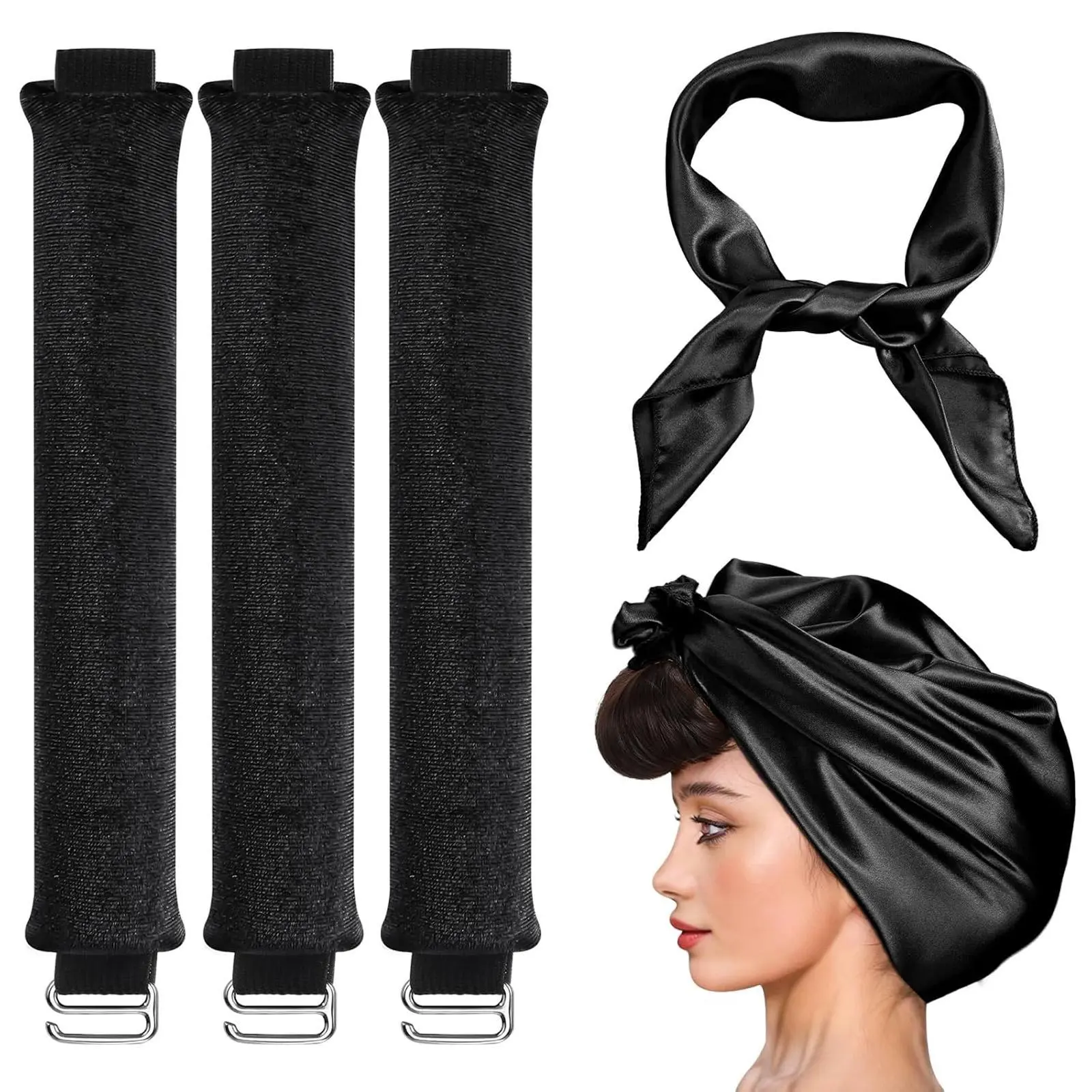 4-in-1 Heat-Free Curling Kit, Velvet No-Heat Curlers with Silk Scarf for Long/Medium Hair, Creates Natural Gentle Curls, Black (Beauty & Personal Care Hair Styling Tool),summervibes
