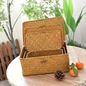 Handmade Vintage Storage Basket Set, Cover Included, Desktop Organizer Box, Farmhouse Style Baskets for Home Wedding Festival Decor