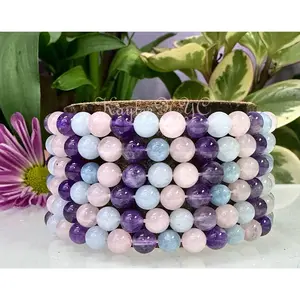 Wholesale 6 Pcs Natural Crystal Bracelet 6mm 7.5” Stretch Bracelet Crystal, Amethyst, Rose Quartz, and Aquamarine.