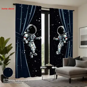 2pc Deep Space Astronaut Print Curtains, Sci-Fi Fun Cool Long Panel Privacy Blinds, Kids Room/living Room Decor, Home Decoration Curtain