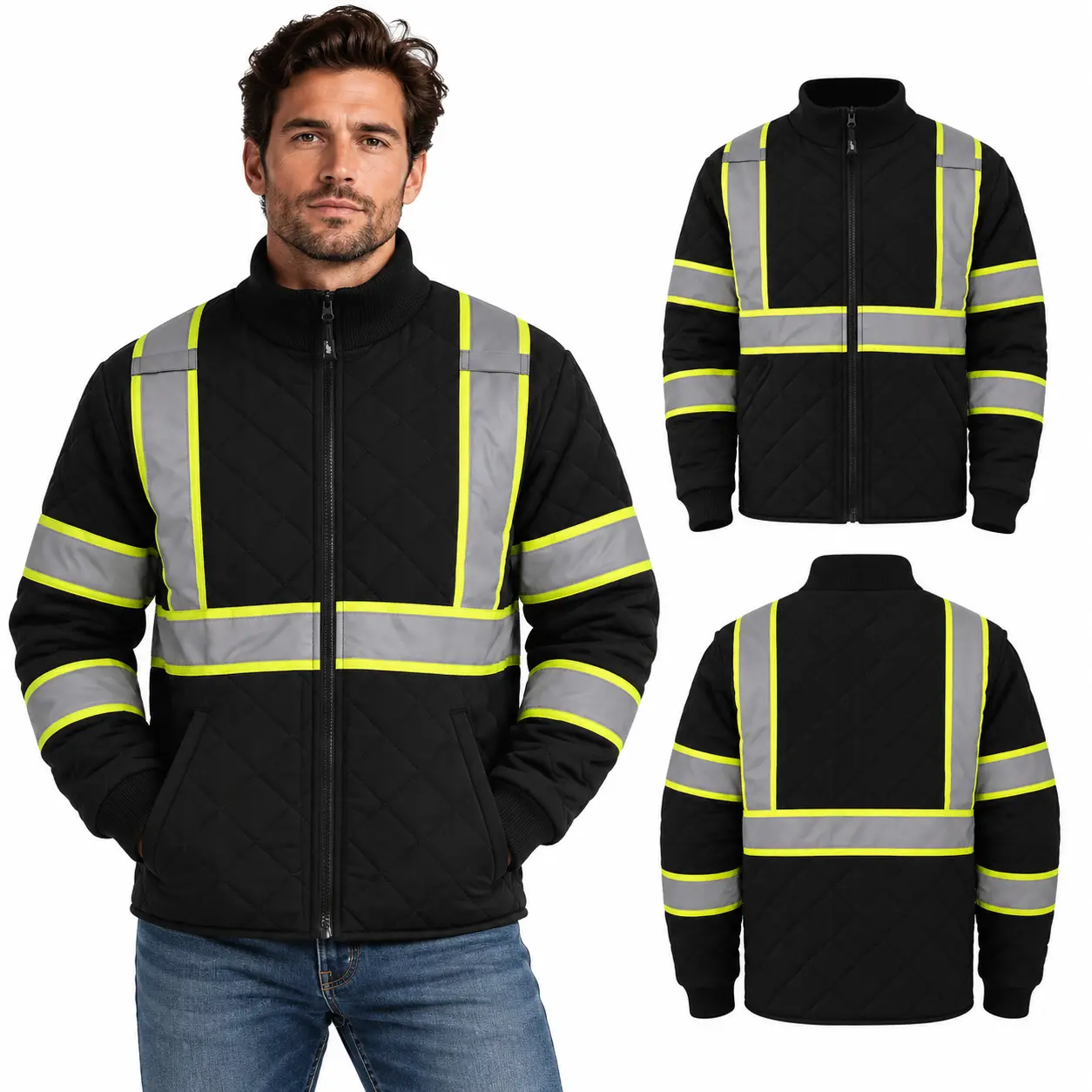 Men's Black Quilted Reflective Work Jacket with Stand Collar