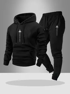 Men's Hooded Sweatshirt Set 2-Piece Letter Plane Print, Casual Fitted Long Pants, Fall & Winter Sportswear, Drawstring Design, Graphic Tracksuit