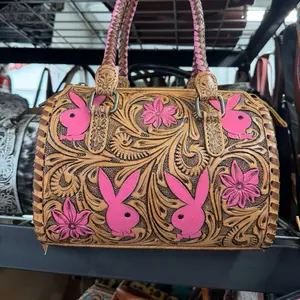 Genuine hand tooled & painted speedy bag- pink bunny
