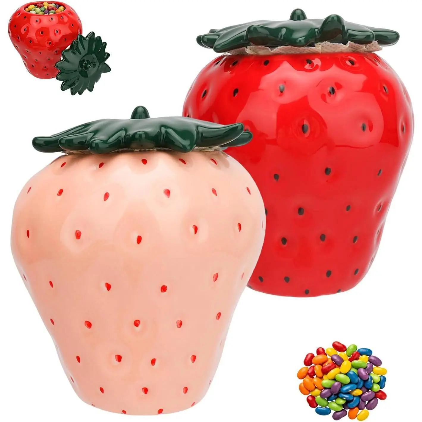 2-Pack Sturdy Strawberry-Shaped Ceramic Canister Set - 12 Oz/350 ml Airtight Lids, Home Organizer Storage Bottles & Jars for Kitchen Countertop, Cookies, Coffee Beans, Housewarming Gift, Mother’s Day Present