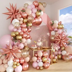 146PCS Black Gold Star Confetti Balloons Arch Garland Kit - Square, Rose Gold, Pastel Pink, Matte White with Wood Accents - Home & Festive Party Supplies for Weddings, Princess Girl Birthdays, 146Pcs Black Gold Star Balloon Garland