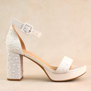 Somi White Pearl Block Platform Heels Formal Womens Footwear