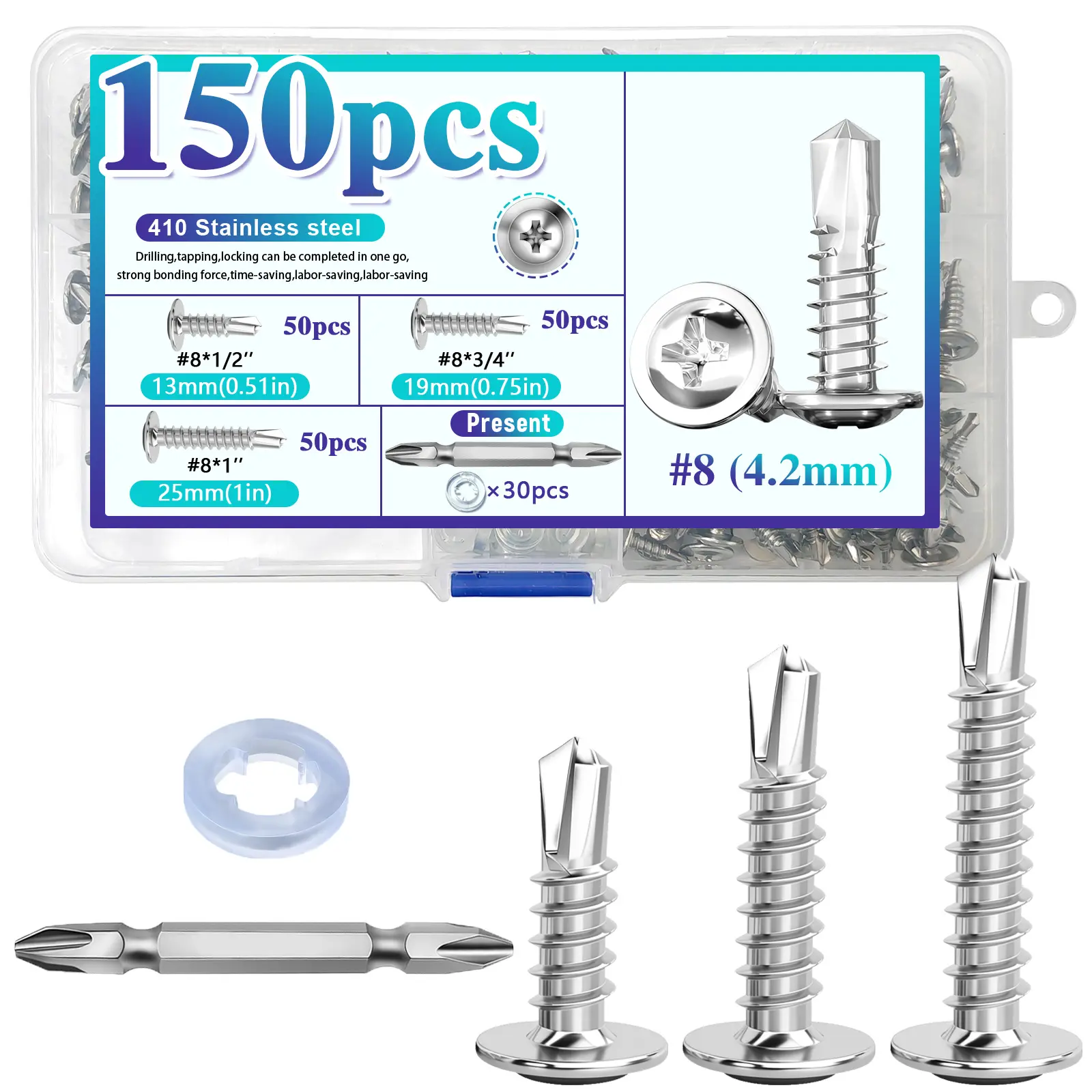 150Pcs #8 TEK Stainless Steel Self-Drilling Self-Tapping Screws Assortment Kit - 3 Inches Lengths (1/2", 3/4", 1"), Modified Truss Head Sheet Metal Screws with Bits + Washers for Metal Fixing, DIY Users