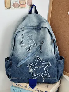 Cute Denim Star Patchwork Backpack, Cartoon Sweet Style School Bag for Students, Versatile Bookbag for Campus Use