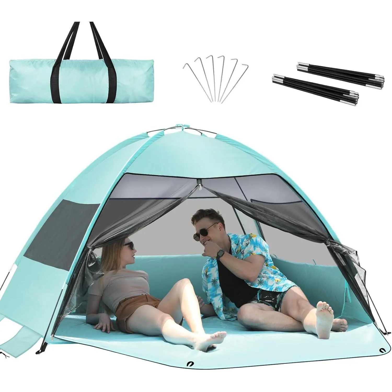 Large Easy Setup Beach Tent,Anti-UV Beach Shade Beach Canopy Tent Sun Shade with Extended Floor & 3 Mesh Roll Up Windows Fits 3-4 Person,Portable Shade Tent for Outdoor Camping Fishing (Mint Green)