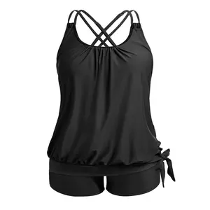 Holipick Women Plus Size Two Piece Tankini Swimsuit Tummy Control Bathing Suits Blouson Tankini Top with Boy Shorts