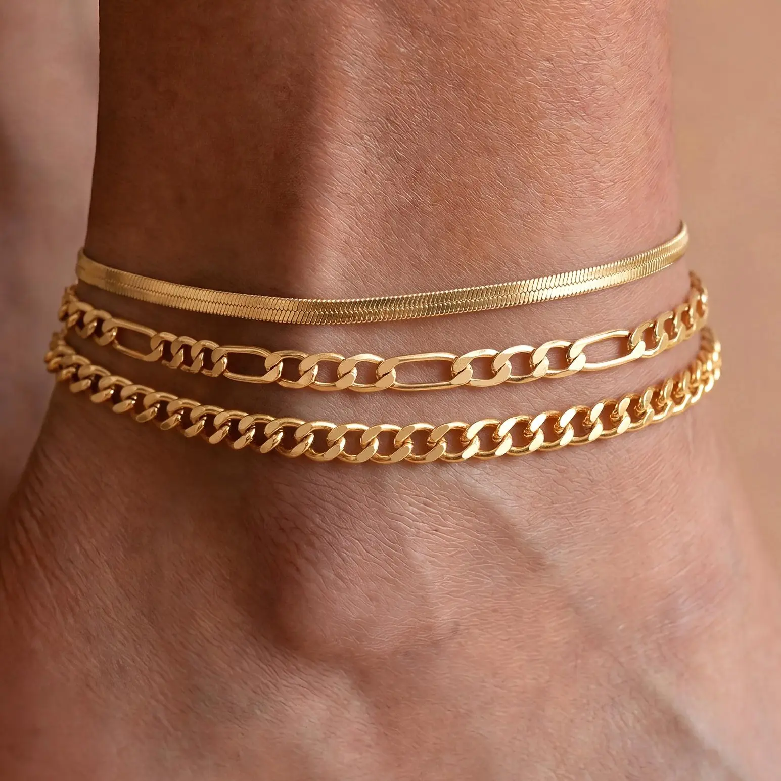 Freekiss anklet bracelet, Cuban chain anklet set, women's layered anklet, fashionable everyday accessory choice, Mother's Day waterproof jewelry gift homeessentials