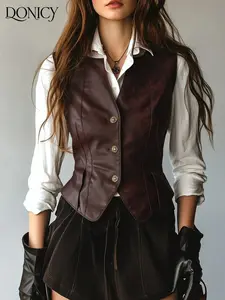 Women's Faux Leather Woven Waist Cinching Vest Top, Casual Vintage Lightweight Slim Fit Party Night Outwear, Fall Winter Fashion