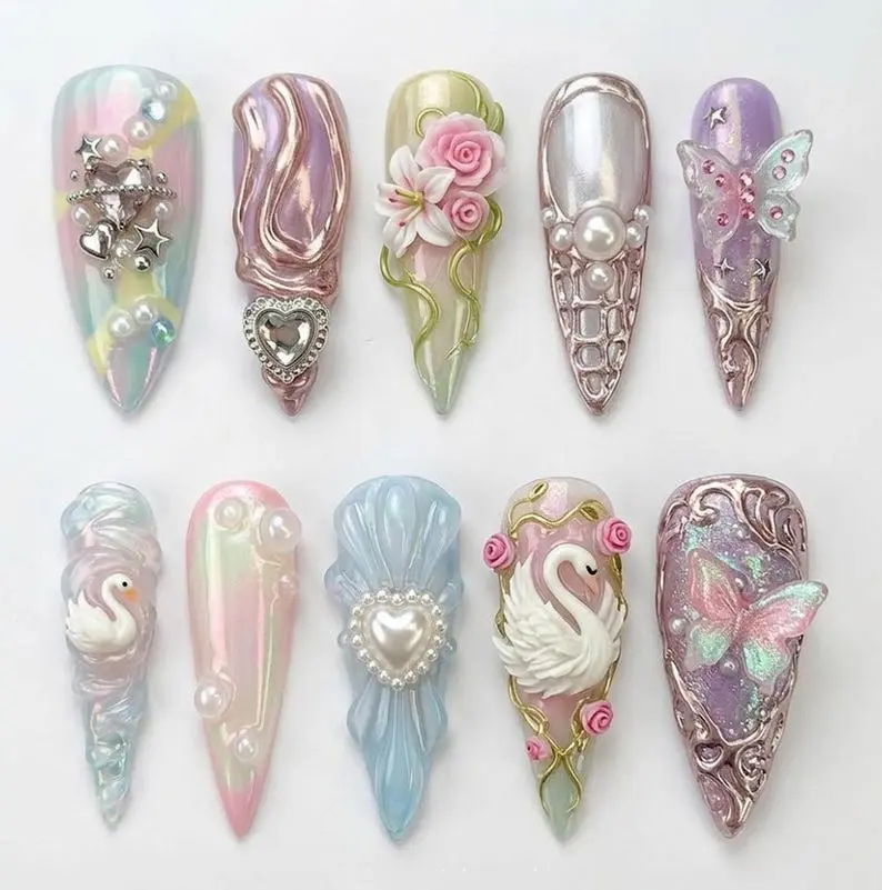 Princess Vibe Press On Nails 3D Cute White Swan Pink Butterfly Rose Garden