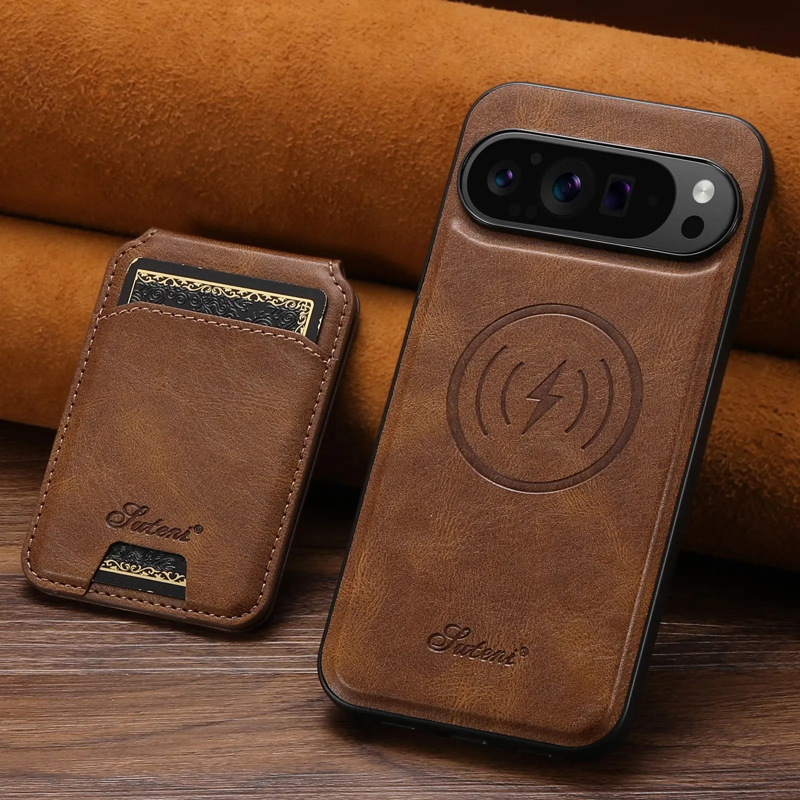 SUTENI Wireless Charging Faux Leather Magnet Card Holder Stand Picture Frame Smartphone Protective Case Cover Accessories For Google Pixel 10 Pro XL 9 8A 7 6 For Unisex Relatives Friends And Elders Holiday Gift