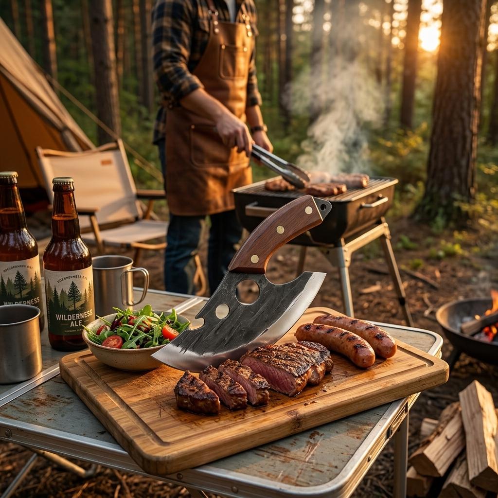 Hand Forged Ulu Knife with Wooden Handle, Sharp Pizza Cutter for Home Kitchen, Multi-use Ulu Knife for Outdoor Camping, Heavy Duty Meat Cutting Ulu Knife, Vintage Viking Style Kitchen Knife with Bottle Opener Super Combo Cleaver Set