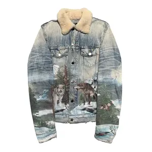 Amiri Shearling Distressed Painted Wolves Trucker Jacket Indigo Multi Pre-Owned