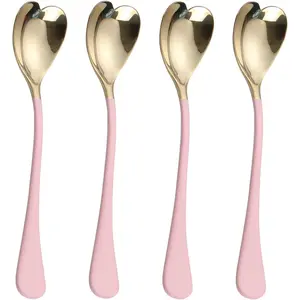 4 Pieces Dessert Spoons, 6.7 inches,Pink Heart Shaped, 18/10 Stainless Steel Ice Cream Spoons Cutlery Tableware Utensils Cute