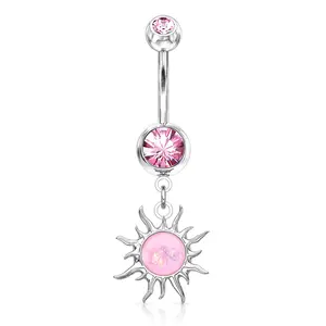 Pink Sun Opal Glitter Belly Ring