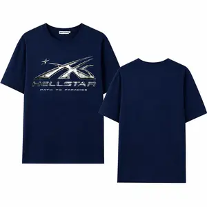 Unisex streetwear style loose-fitting T-shirt, Hellstar Path To Paradise, silver chrome star pattern, retro blue short-sleeved pure cotton hip-hop Y2K loose top, trendy skateboard fashion printed T-shirt.