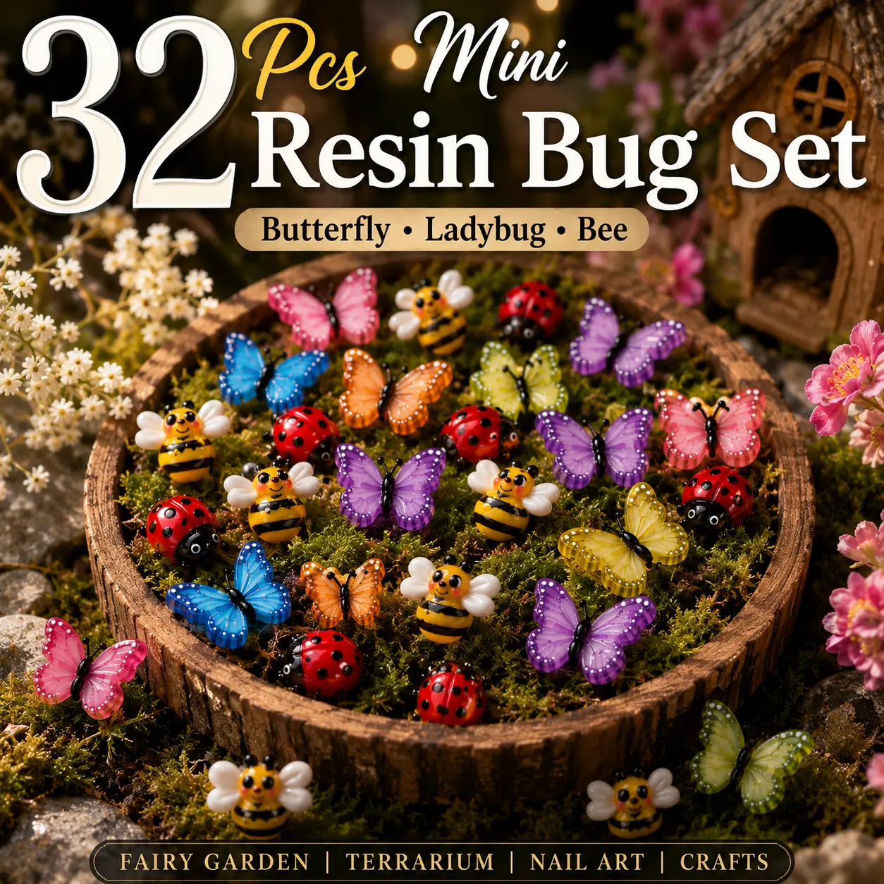Miniature Micro Resin Ladybug Butterfly Bee Set, Dollhouse Miniature Flatback Cabochon Bugs, for Spring Fairy Garden, Terrarium, Scrapbook, Nail Art, Mini Micro Landscaping Decoration (32 PCS)