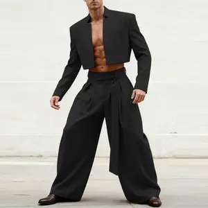 INCERUN Men's 2 Piece Suit Set Super Cropped Blazer Jacket & Belted Wide Leg Trousers Outfits for Party Night Club